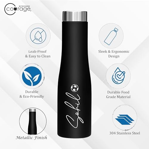 Image of COURAGE Stainless Steel Customize Water Bottle 1Liter Leak Proof for Fridge Home Office Travel School Kids Boys Girls Adults Sports Gym Yoga - Black