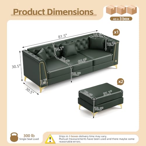 Image of KEIKI 82 inch Faux Leather Chesterfield Sofa with Handmade Button Tufted, Green | Luxury Modern 3-Seater Couch with Metal Trim Armrests & High Resilience Cushion & 2 Ottoman & 3 Pillow, for Living Room