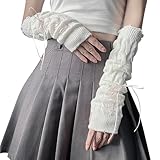 GSHLLO Cute Knitted Arm Warmers with Ribbon Long Fashion Fingerless Gloves Cold Weather Lolita Arm Sleeves for Women White and Pink