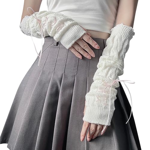 GSHLLO Cute Knitted Arm Warmers with Ribbon Long Fashion Fingerless Gloves Cold Weather Lolita Arm Sleeves for Women White and Pink