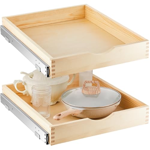 Menkxi 2 Set Pull out Tray Cabinet Organizer Wooden Pull Drawers storage Slide out Pantry Shelf for Base Cabinet Kitchen Gentle Close Fully Assembled Accessories(Wood Color,18'' X 21'' X 3'')