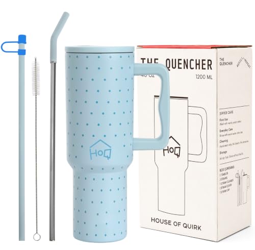 Image of House of Quirk 1200ML Stainless Steel Tumbler with Handle & Lid, 2 Straws - Large Travel Mug Water Cup for Gym, Office & Outdoor Use (Blue Polka)