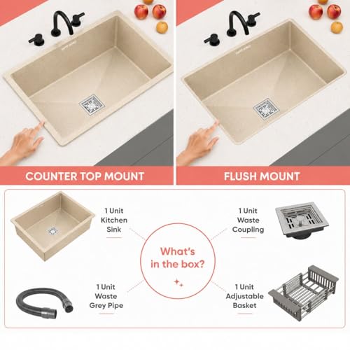 Image of Happy Homes Quartz Sink For Kitchen 24x18x9 INCH - Ivory Granite Kitchen Sink With Waste coupling & PVC Pipe | Smooth Finish, UV Protected, Top & Under Mount- 10 Years warranty