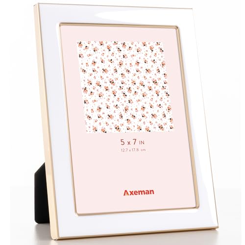 Axeman 5x7 Enamel Picture Frames with Tempered Glass|5 x 7 Modern Photo Frame with Gold Metal Edge Velvet Back for Tabletop and Wall Mount Display for Shelf Desk & Countertop Decor White