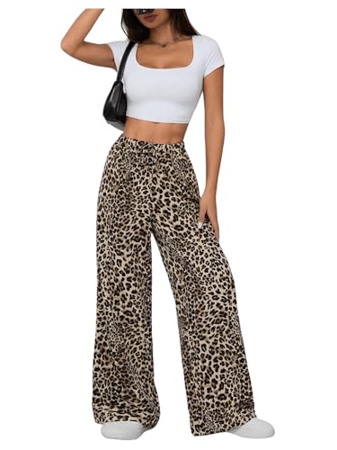 SweatyRocks Women's Leopard Print Animal Wide Leg Pants Elastic Waist Trousers with Pockets3