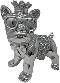 Crystal Crown Bling Crushed Diamond Silver Bull Dog Ceramic Sparkly Crowned Puppy Shelf Sitter Ornament