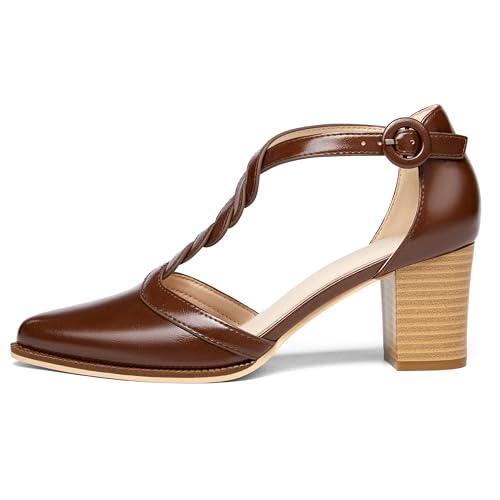 Image of Coutgo Womens Block Chunky Heels T Strap Pointed Toe Work Dress Shoes