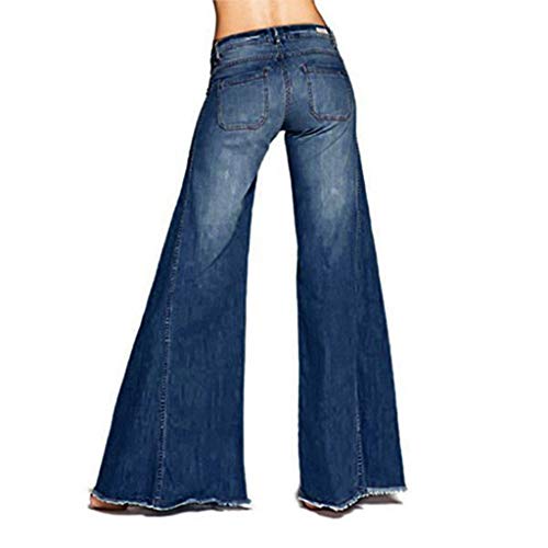iYYVV Women Flare Jeans Button Waist Bell Bottom Wide Leg Denim Pants Long Trouser Blue - Thumbnail 3