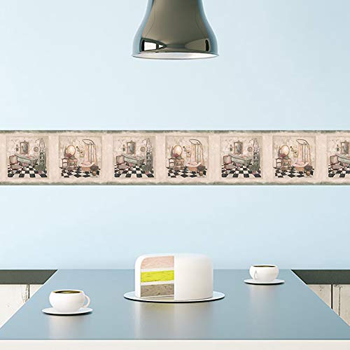 Wall Border - Vintage Bathrooms In Squares Faux Distressed Wallpaper Border Retro Design, Prepasted Roll 15 Ft. X 7 In. #TOP1