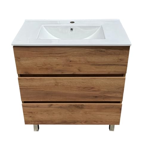 EL BAÑO MODERNO Juego Mueble Baño con Lavabo. Mueble Baño con Lavabo. Mueble Bajo Lavabo Compacto Preinstalado de Fábrica. Mueble Lavabo con Pie de Porcelana Ideal para tu Hogar (Roble, 80cm)