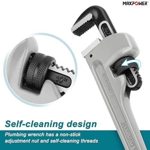 Image of MAXPOWER 10 inch Straight Pipe Wrench, 1 inch Jaw Capacity, 40% Lighter Aluminum Adjustable Plumbing Wrench, Cr-Mo Jaw, Drop Forged
