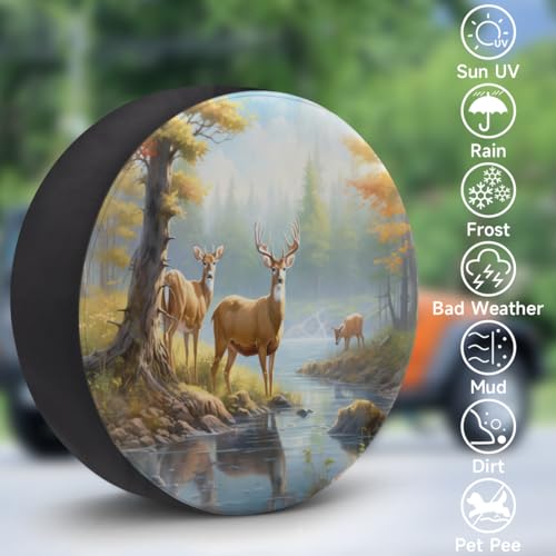 Image of Spare Tire Cover Mountain Deer Wheel Covers Protectors Waterproof Dust-Proof Universal Fit Trailer, RV, SUV and Many Vehicle 17 Inch