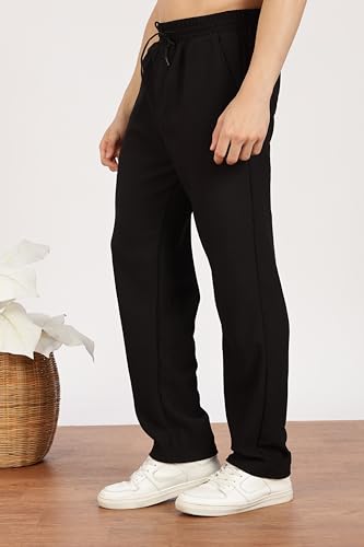 Image of Men's Regular Fit Textured Trousers with Elastic Waistband & Drawstring Closure - Casual & Smart Everyday Pants
