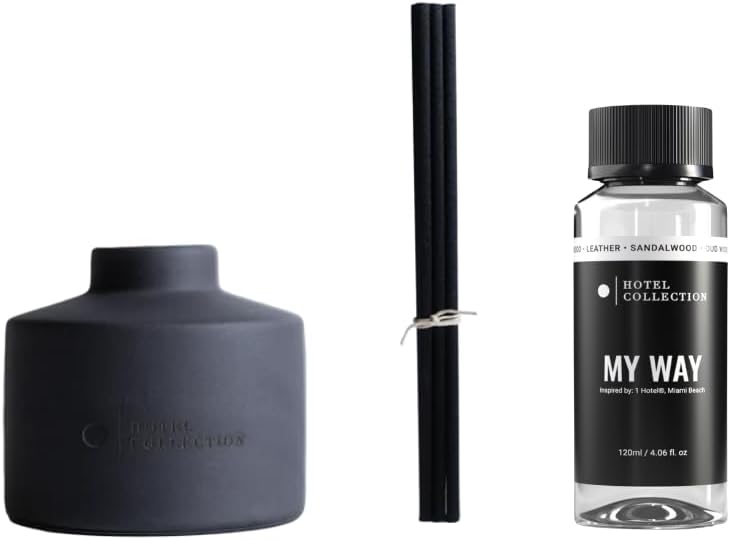 Hotel Collection - Ceramic Reed Diffuser Set - Hotel Inspired Luxury Essential Oil Reed Diffuser - Oud Wood, Leather, Sandalwood (Charcoal, 3.4 Fl Oz, My Way)