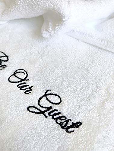 'Be Our Guest' Embroidered White Hand Towels For Bathroom With Gift Box - Set Of 2 - Extra Absorbent 100% Cotton Hand Towel Set - 571Gsm - 14 X 30 Inches - Be Our Guest Decor #TOP4