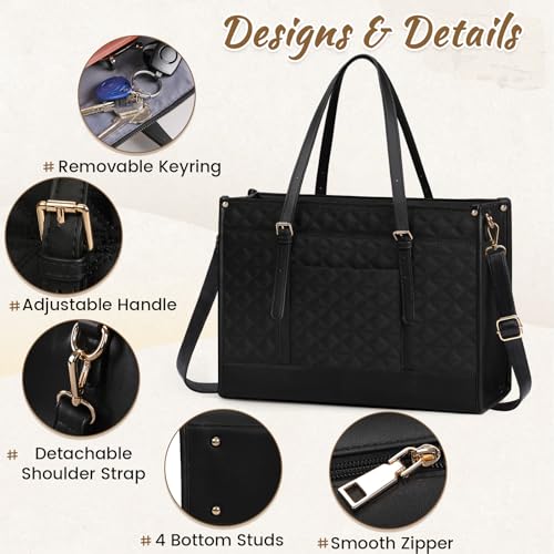 IGOLUMON Laptop Bag for Women 15.6 Inch Vegan Leather Work Tote Bag Quilted Womens Briefcase Designer Laptop Bags for Office Teacher College Cute Computer Bag with Clutch Purse Professional Black by IGOLUMON - Image 4