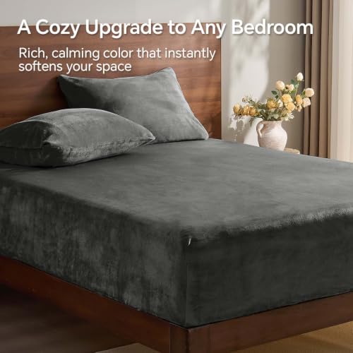 Image of BEDELITE Flannel Full Fitted Sheet & Pillowcases Set, Dark Grey, 3 Pieces | Ultra Soft Plush Fleece Bed Sheet with Elastic Corner Straps, 16 Inch Deep Pocket, Fuzzy All-Season Gift & Room Decor