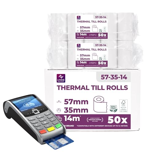 LYNNE - Rollos Papel Datafono Térmico 57x35x12mm para todos los TPV y las impresora térmica - Rollo papel térmico 57mm x 35mm x 14m - Ideal para máquinas de tarjetas de Crédito - Papel TPV [50x]