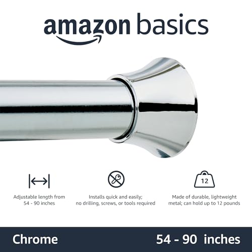 Image of Amazon Basics No Drill Spring Tension Curtain Rod, Adjustable 54-90 inch Width, Chrome, Classic Finial