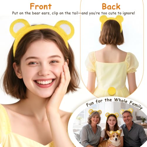 Serre-tête oreilles d'ours jaune moelleux avec queue pour carnaval - 4
