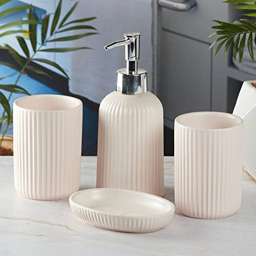 Image of SaSaSa Ceramic Bathroom Accessories Set of 4 Modern Bath Set with Soap Dispenser & Toothbrush Holder, Luxury Home & Gift Idea, Beige (9631)