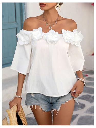 SHENHE Women's Off Shoulder 3D Flower Rosette Half Sleeve Blouse Summer Going Out Top3