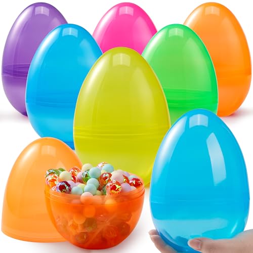 JOYIN 6 Pcs 7' Jumbo Plastic Easter Eggs, Clear 6 Assorted Colors Empty Eggs for Filling Treats Easter Party Favor Hunt Basket Stuffers Fillers Classroom Prize Supplies Toy