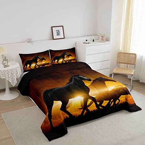 Feelyou Horse Comforter Set Queen Size Western Cowboy Comforter Horse Running In The Sunset Bedding Set Soft All Season Farm Animal Quilted Duvet Set For Kids Boys Teens Machine Washable #TOP1