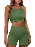JZC Ribbed Workout Outfits for Women 2 Piece Seamless Sport Bra High Waist Yoga Leggings Sets Green