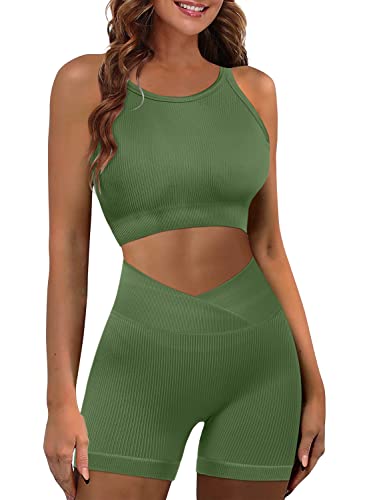 Jzc Ribbed Workout Outfits For Women 2 Piece Seamless Sport Bra High Waist Yoga Leggings Sets Green Medium #TOP6