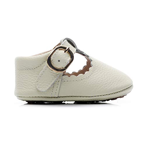 HONGTEYA Leather Leopard Baby Shoes Hard Sole T-Strap Boys Girls Moccasins for Infants Babies Toddlers (0-6 Months/ 3.5 M US Infant, Beige)