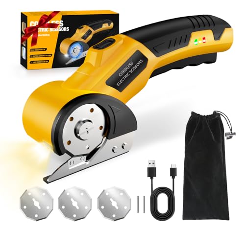 Zeleki Cordless Electric Scissors: 4V Rechargeable Cardboard Cutter, 3 Blades, Safety Lock & LED Light, Box Cutter for Carton Carpet Plastic Fabric Leather(Yellow）