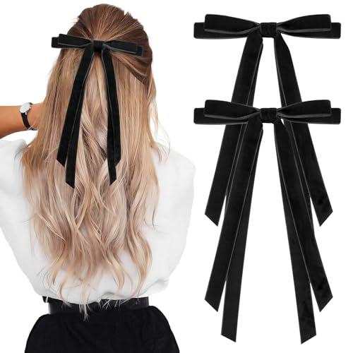 2PCS Velvet Hair Bows Ribbon Hair Clip Black Ponytail Holder Accessories Slides Metal Clips Hair Bow for Women Girls Toddlers Teens Kids