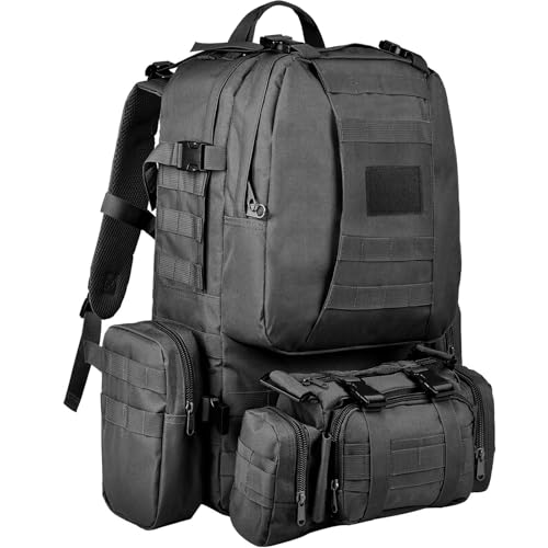 Wiserset Taktischer Rucksack, 60L Militär Armee Rucksack, großer Survival Molle Tagesrucksack für Herren und Frauen,abnehmbare Outdoor Tasche, Reiserucksäcke für EDC, Camping, Wandern, Jagen, Schwarz