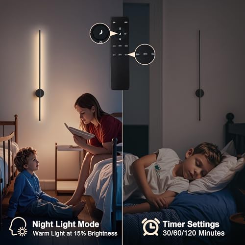Image of Battery Operated Modern Wall Sconces, Dimmable Wireless Wall Light Set of Two with Remote Control, 3 Color Temperatures, Rechargeable LED Wall Sconce for Bedroom, Living Room, Hallway, 39.3 Inch Black