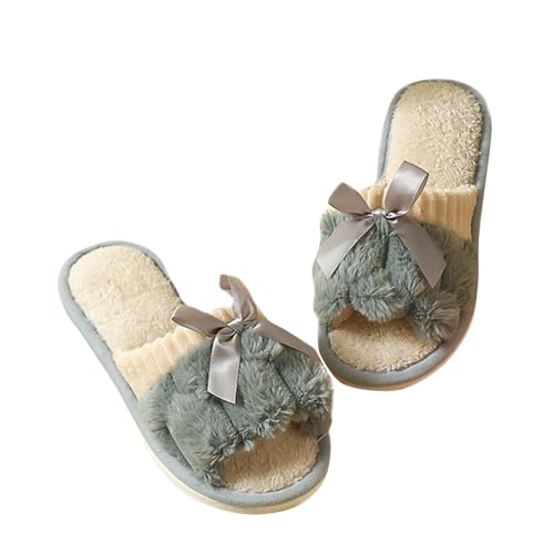 Cute Slipper for Women Colorblock Bow Embellished Lounging Slide Casual Fleece Lining Sandal Lightweight Flat Shoe