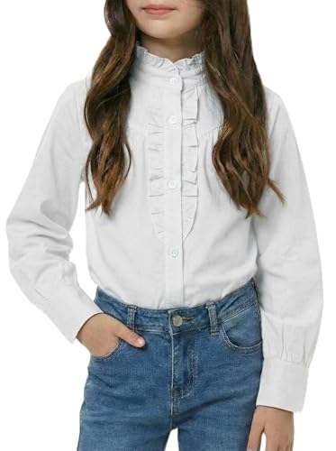 Image of Girls Button Down Shirt Puff Sleeves Blouse Summer Cute Top Doll Collar School Uniform, 4-13Y