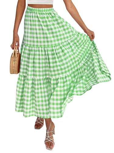 Women Summer Tiered Maxi Skirt Elastic High Waist A Line Boho Beach Dress Pleated Flowy Swing Long Skirts (A-Green, M)