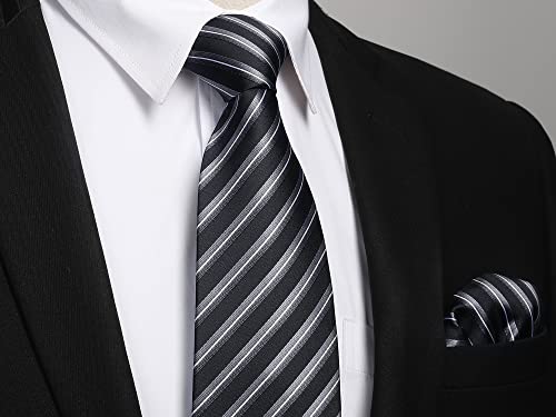 Image of Enlision Mens Ties Stripe Tie and Pocket Square Set Classic Formal Woven Neckties Handkerchief Cufflinks Wedding