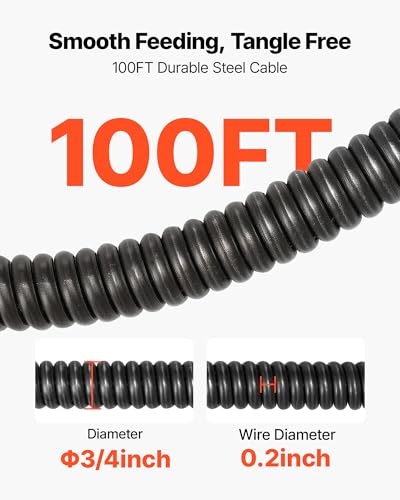 Image of VEVOR Drain Cleaner Machine 100 FT x 3 /4 Inch, Auto Feed Sewer Snake Auger, Portable Drain Cleaning Machine with Multi-Wheel Combination, 6 Cutters & Air-Activated Foot Switch for 4 inch to 8 inch Pipes | 550W Efficient Clog Clearing, Fits for 4 inch to 8 inch Pipes, Solid Steel Cable, Portable with Multi-Wheel Combination, 6 Cutters