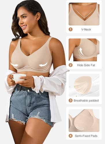 Image of Xcutting Bra for Women Wireless No Underwire Seamless Full Coverage Deep V Bralettes Everyday Comfortable Soft