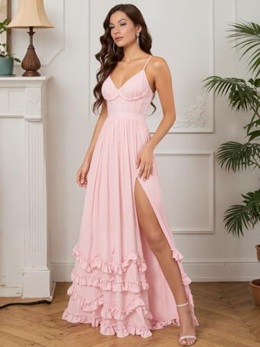Women's Long Bridesmaid Dresses with Slit Tiered Ruffle Chiffon Wedding Guest Dress Formal Cocktail Party Gown3