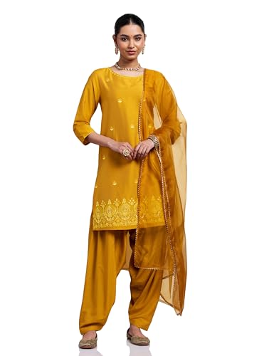 Image of Amazon Brand - Myx Women's Straight Embroidered Farsi Kurta Set with Organza Dupatta | Dhoti Pants (Available in Plus Sizes)