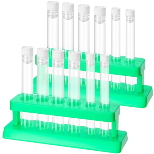 Copkim 2 Sets Test Tubes with Rack Clear Plastic Test with Caps and 6 Holes Holder Rack Nurse Party Decorations Shot Tubes for Scientific Experiments Party Favors Candy(Green,Removable)