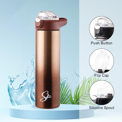 Image of SKi Homeware Stainless Steel Sipper Water Bottle with Push Button Flip-Top Cap for School, Office, Gym, Adults & Teens, Leakproof, Rust Free, Dual Colour Brown Gradient (Marco-Brown), 750ml