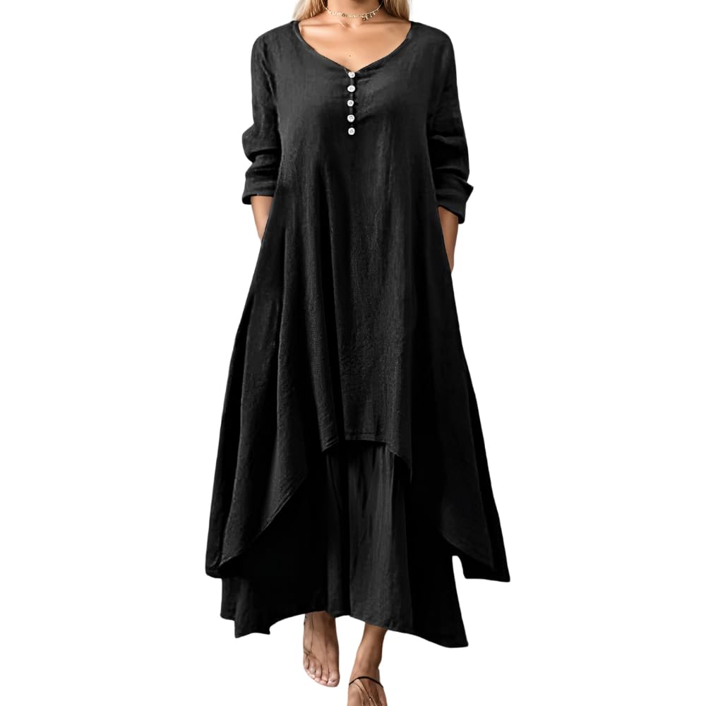 Nupucy Women's Cotton Linen Double Layer Irregular Dresses Loose Crewneck Long Sleeve Flowy Plus Size Maxi Dress with Pockets