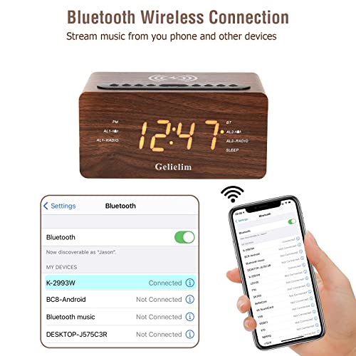 Gelielim Wooden Alarm Clock Fm Radio, Bluetooth Alarm Clock With 10W Fast Wireless Charging, Digital Fm Radio,Usb Charging Port, Dimmer, Timer/Snooze, Auto Time Setting, Alarm Clocks For Bedroom #TOP5