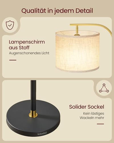 VASAGLE Stehleuchte, Bogenlampe, Stehlampe, höhenverstellbare Leselampe, 150-175 cm hoch, modern, mit Fußtaster, Lampenschirm aus Stoff, E27 Fassung, Mattschwarz LFL006BD02