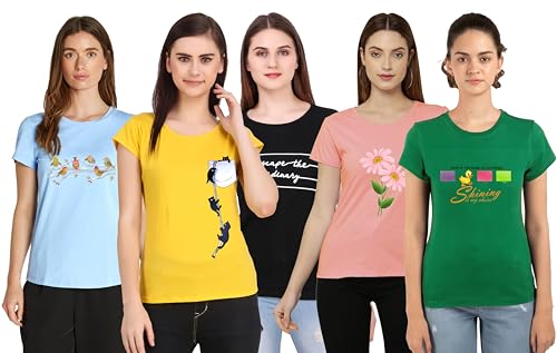 Image of NIVIK Printed, Cotton Tops & T-Shirts. Combo of 5 Tops for Women & Girls (X-Small, Black, Orange, White, Yellow, Sky Blue)