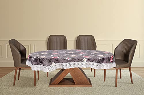 Image of The Furnishing Tree Waterproof PVC Oval Shaped 12 Seater Table Cover WxL 60x140 inches Floral Pattern Multi Grey with White Border lace